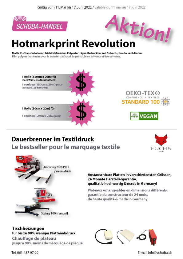 Aktion Hotmarkprint Revolution bedruckbare Textilfolie sowie Fuchs Transferpressen 
